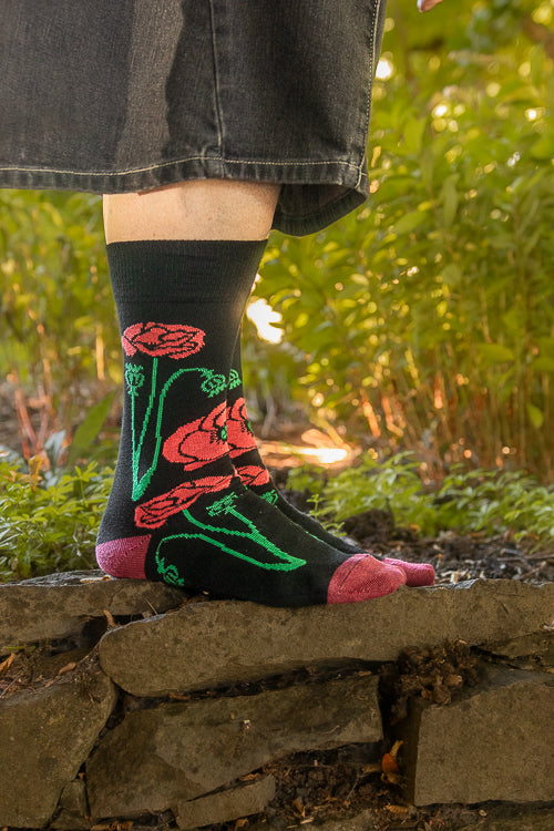 Botanical Nouveau Crew Socks - Red Poppy