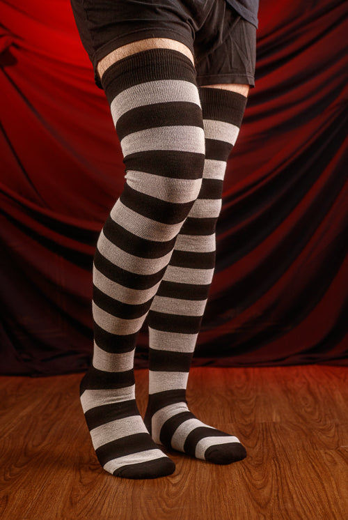 XL Foot Longer Extraordinary Programming Thigh Highs in black and white