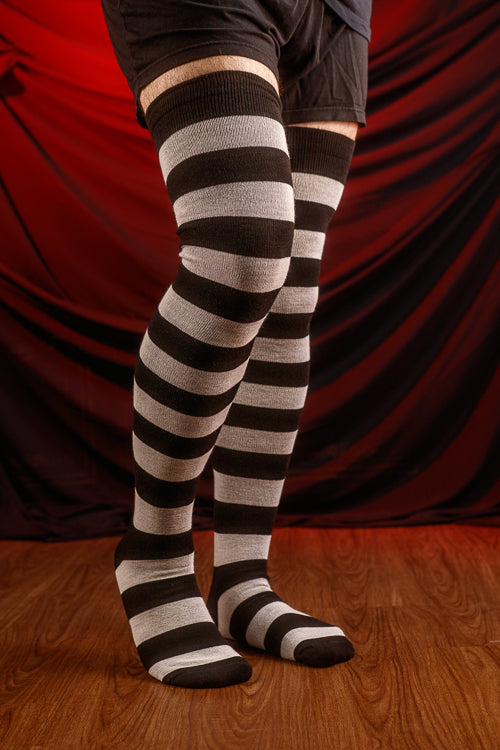 XL Foot Longer Extraordinary Programming Thigh Highs in black and white