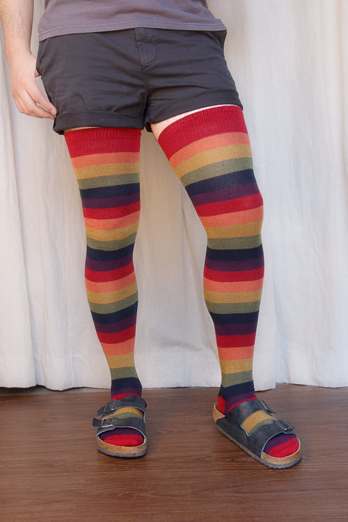 A person wearing XL foot longer harvest rainbow thigh highs in rainbow stripes