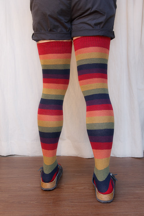 A person wearing XL foot longer harvest rainbow thigh highs in rainbow stripes