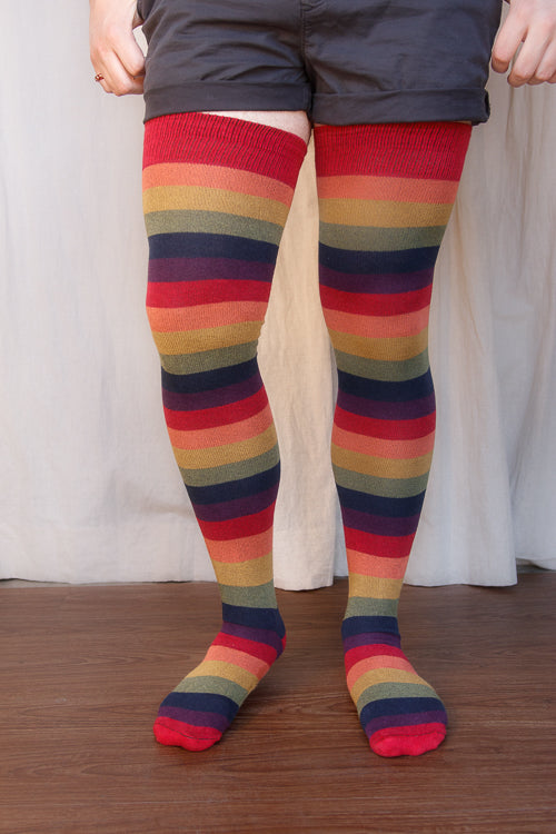 A person wearing XL foot longer harvest rainbow thigh highs in rainbow stripes