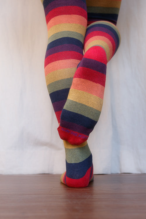 A person wearing XL foot longer harvest rainbow thigh highs in rainbow stripes