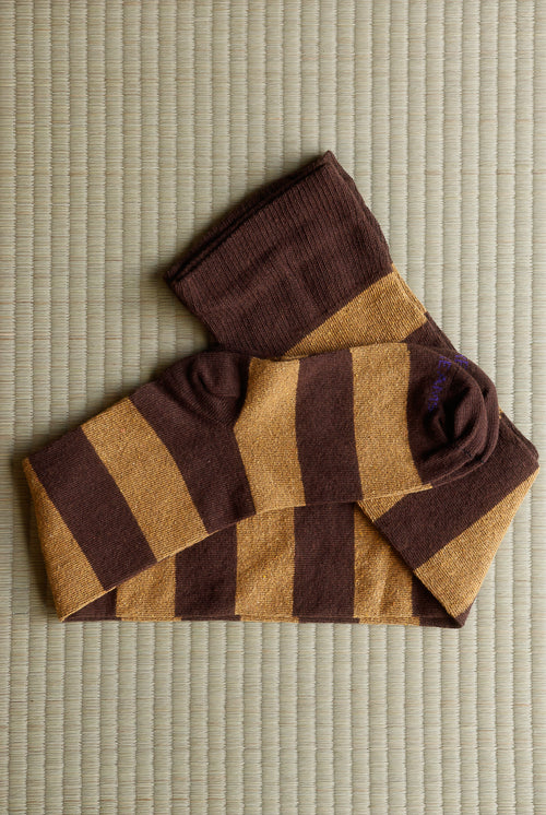 Longer Striped extraordinary thigh high in coffee, with ochre stripes