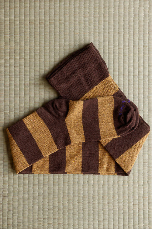 Longer Striped extraordinary thigh high in coffee, with ochre stripes