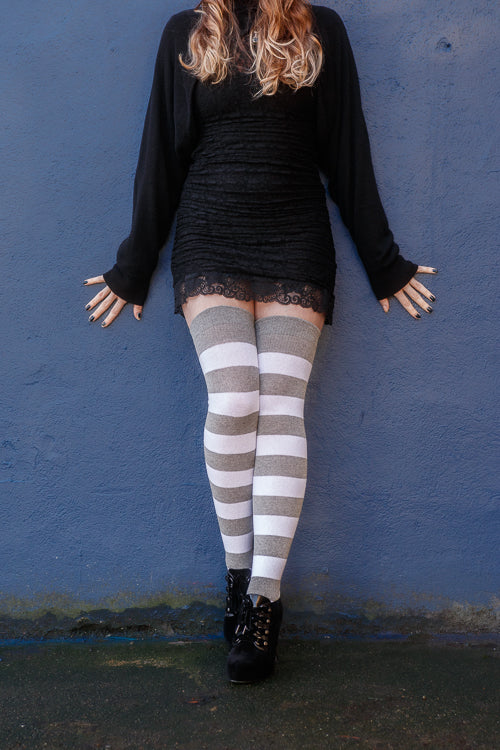 Striped Extraordinary Thigh High Socks - Grey/White