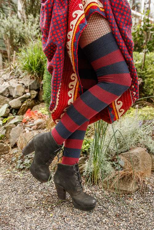 A person wearing striped extraordinary thigh highs in navy and burgundy