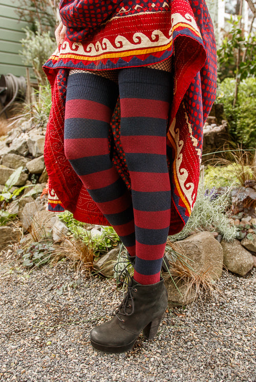 A person wearing striped extraordinary thigh highs in navy and burgundy
