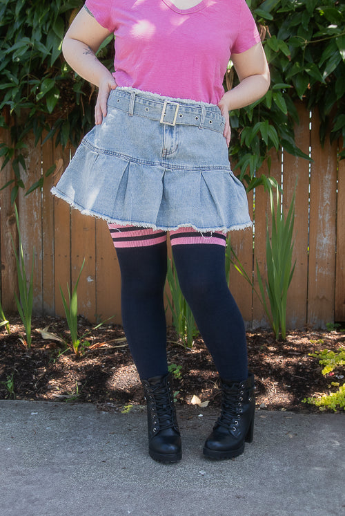 Longer Cotton Top-Striped Extraordinary Thigh High - Navy with Bubblegum