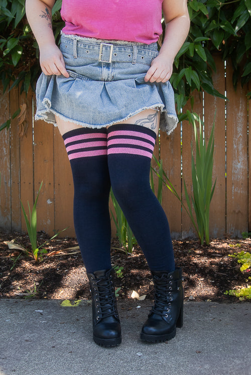 Longer Cotton Top-Striped Extraordinary Thigh High - Navy with Bubblegum