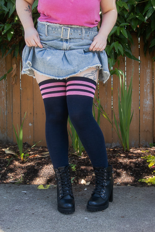 Longer Cotton Top-Striped Extraordinary Thigh High - Navy with Bubblegum