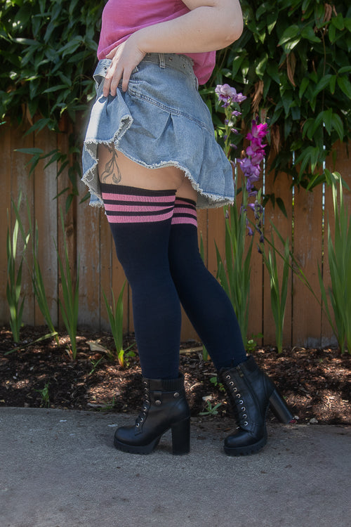 Longer Cotton Top-Striped Extraordinary Thigh High - Navy with Bubblegum