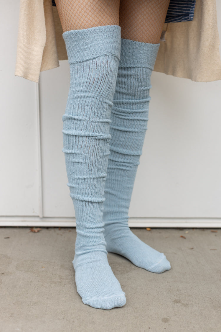 Larger Footed Long Cuffable Scrunchable Socks - Light Blue