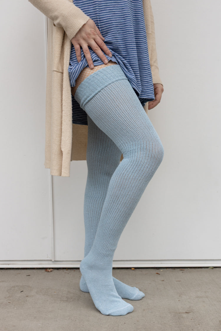 Larger Footed Long Cuffable Scrunchable Socks - Light Blue