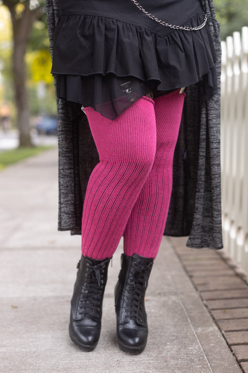 M45 Ribbed Thigh High with Roll Top - Fuchsia