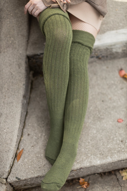 M45 Ribbed Thigh High with Roll Top - Olive