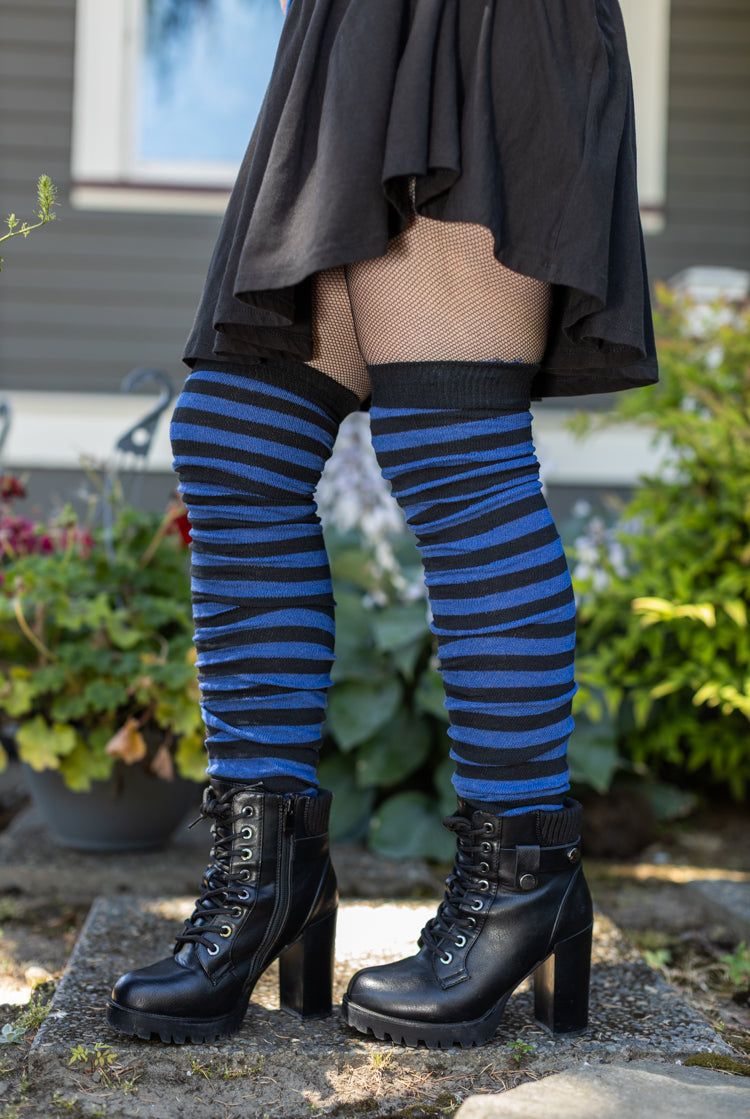 M Stripes Thigh High Socks - Black & Blueberry