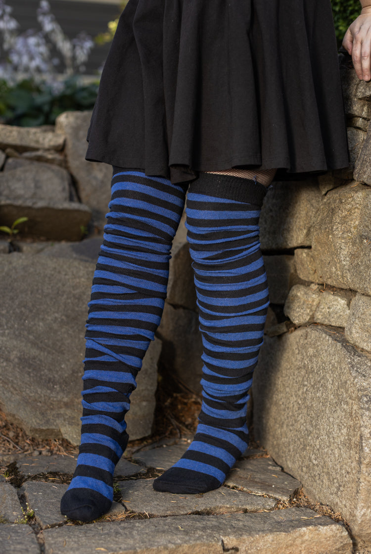 M Stripes Thigh High Socks - Black & Blueberry