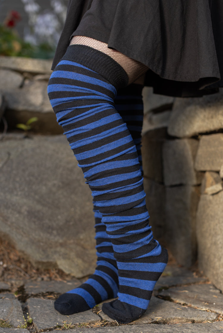 M Stripes Thigh High Socks - Black & Blueberry