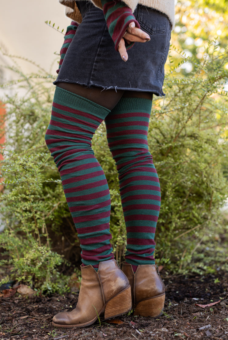 M Stripes Thigh High Socks - Hunter & Dark Red