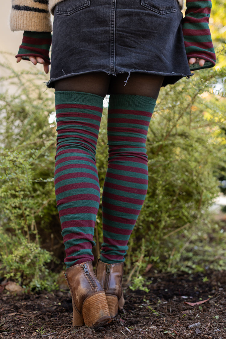 M Stripes Thigh High Socks - Hunter & Dark Red