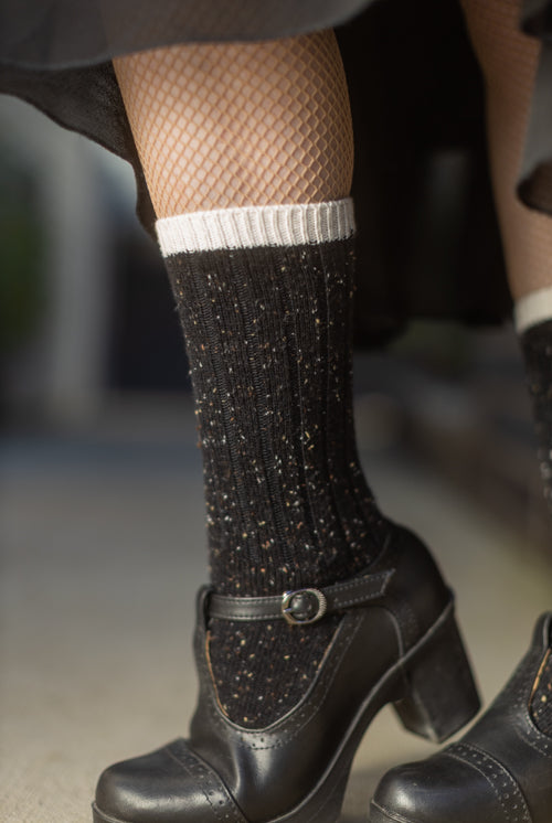 Tweed Knit Crew Socks - Black