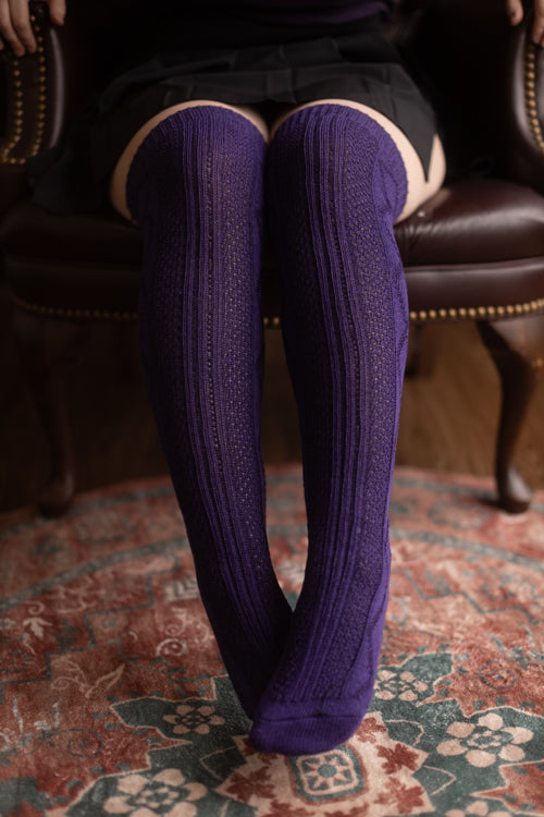 Longer Diamond Rib Knee Socks - Purple