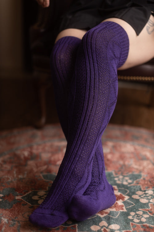 Longer Diamond Rib Knee Socks - Purple