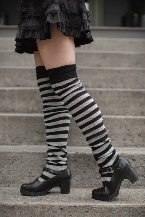 Super Stripes Thigh High Socks - Black/Grey