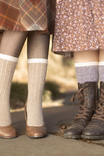 Tweed Knit Crew Socks - Mushroom & Lavender