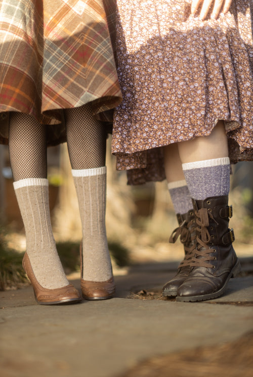 Tweed Knit Crew Socks - Mushroom & Lavender