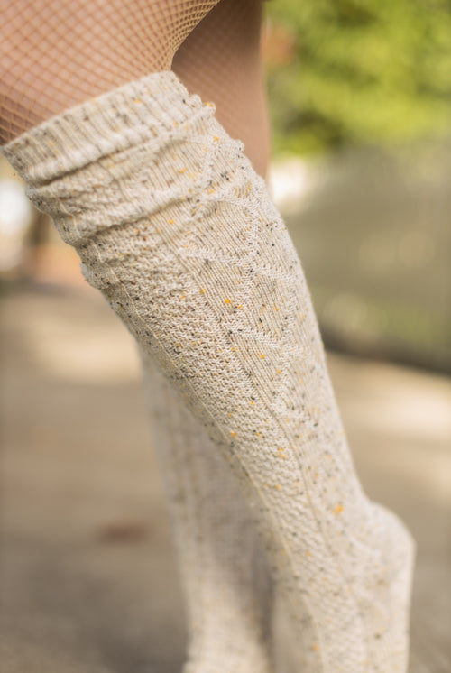 Tweed Knit Diamond Rib Socks - Oatmeal