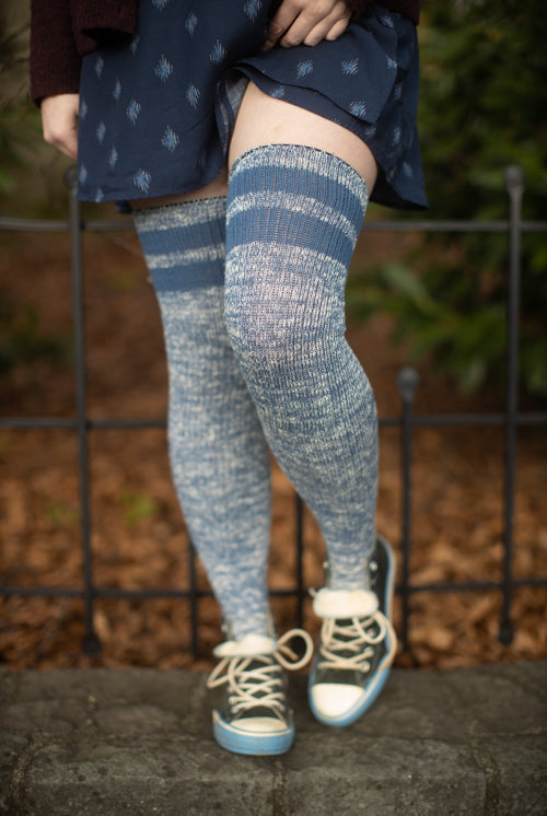 Top-Striped Marled Scrunchable Thigh High Socks - Denim