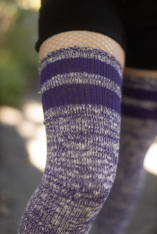 Top-Striped Marled Scrunchable Thigh High Socks - Viole