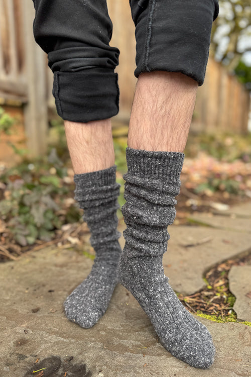 Tweed Knit Diamond Rib Socks - Charcoal