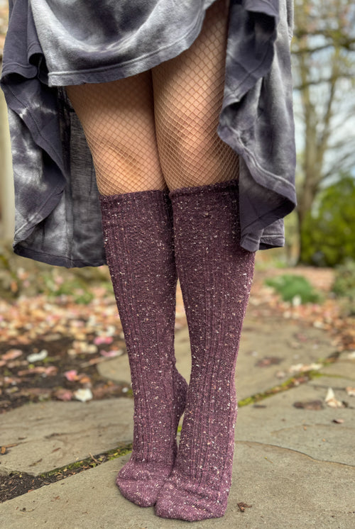 Tweed Knit Diamond Rib Socks - Eggplant