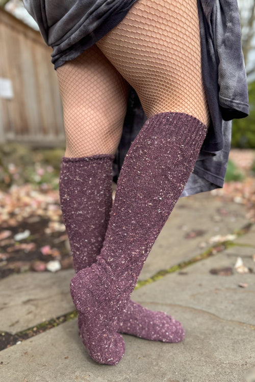 Tweed Knit Diamond Rib Socks - Eggplant