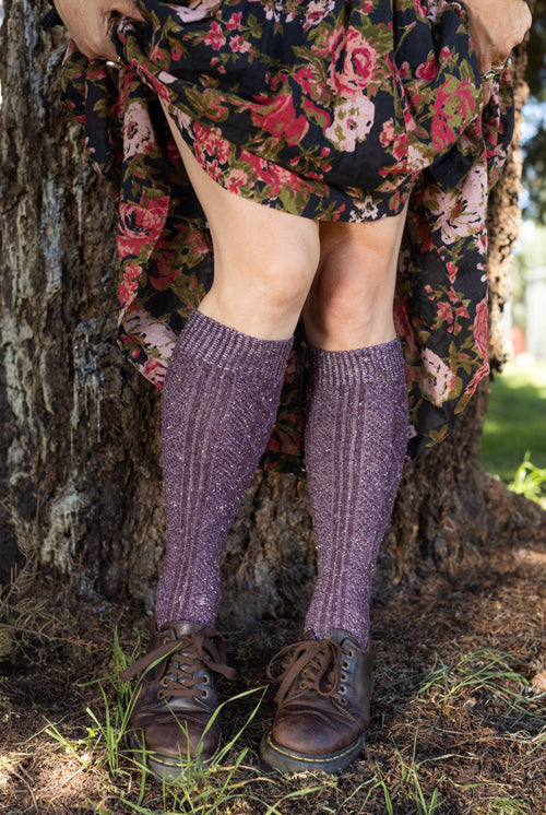 Tweed Knit Diamond Rib Socks - eggplant