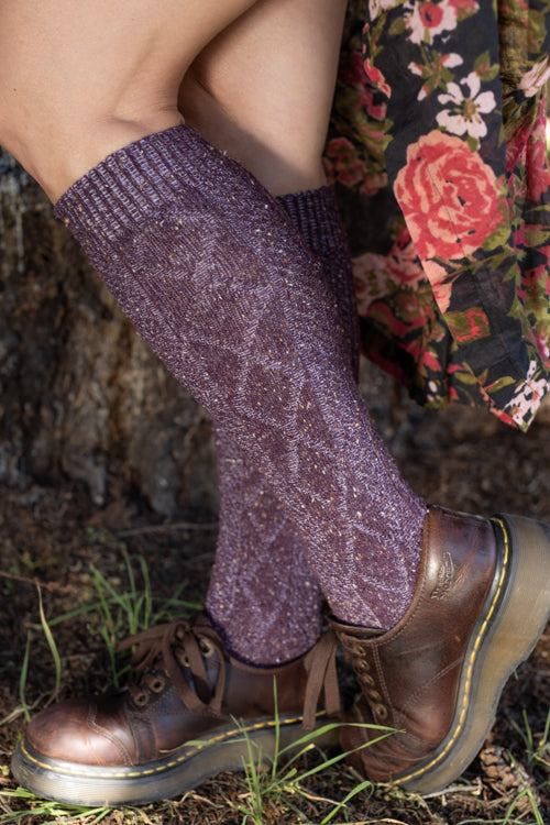 Tweed Knit Diamond Rib Socks - eggplant