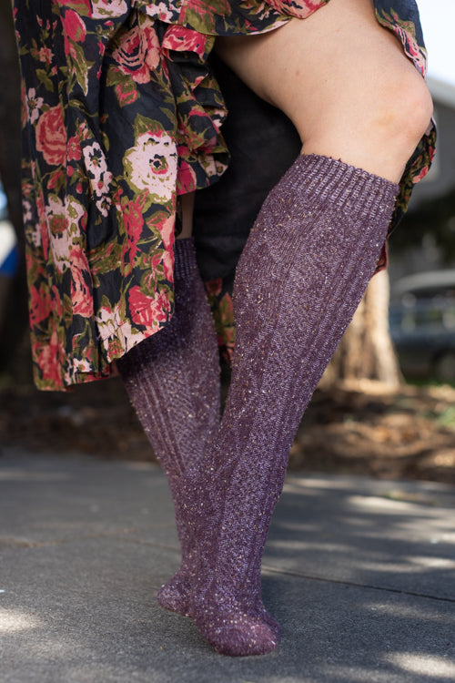 Tweed Knit Diamond Rib Socks - eggplant