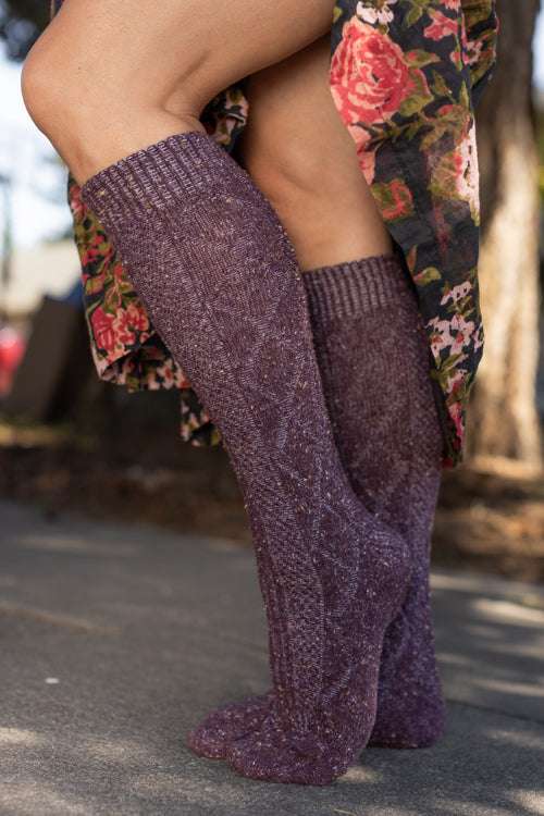 Tweed Knit Diamond Rib Socks - eggplant
