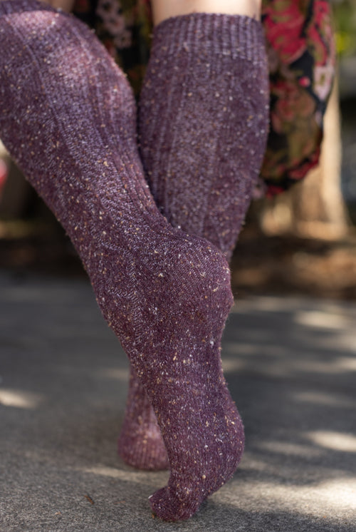 Tweed Knit Diamond Rib Socks - eggplant