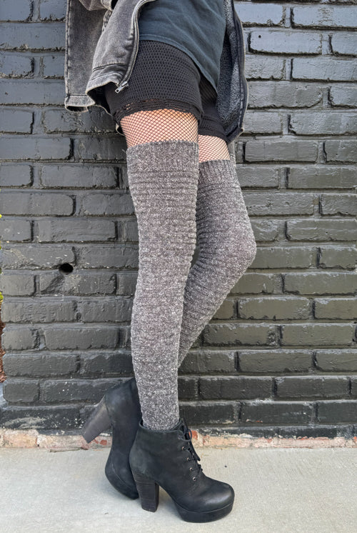Slinky Tweed Knit Thigh High Socks - Charcoal Heather