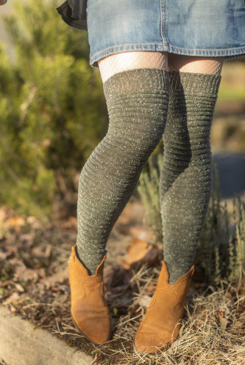 Slinky Tweed Knit Thigh High Socks - Olive