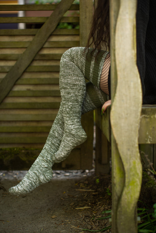 Top-Striped Marled Scrunchable Thigh High Socks - olive
