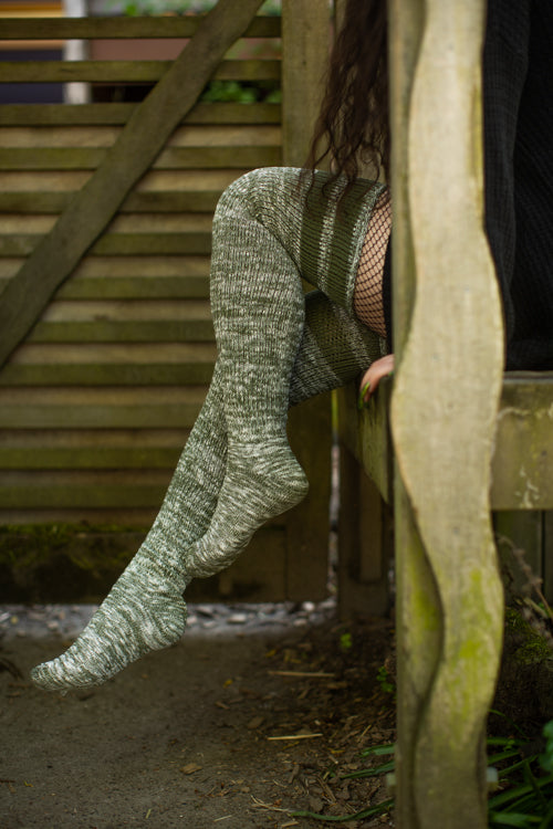 Top-Striped Marled Scrunchable Thigh High Socks - olive