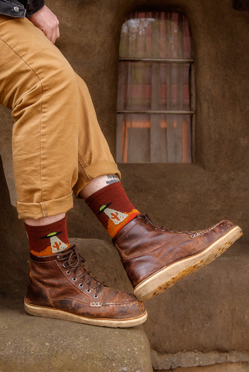 Spaced out walnut crew socks with UFO's