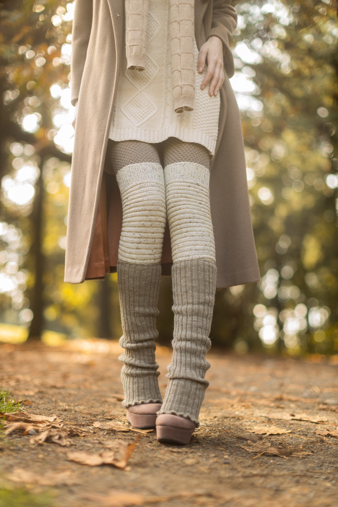 Slinky Tweed Knit Thigh High Socks - Oatmeal