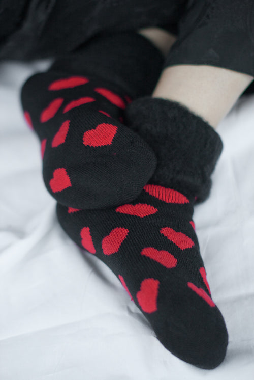 New Zealand Bed Socks with Hearts - Black with Red Hearts