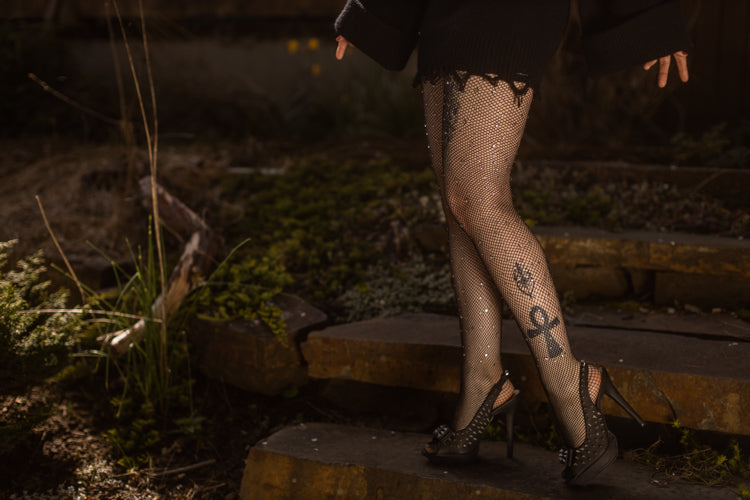 Rhinestone Fishnet Tights - Black